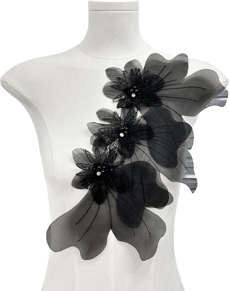 JRYYR Flower Lace Appliques, 3D Embroidery Patches for Dresses, Flower Appliques for Clothing, Bags, Jewelry DIY Crafts (Black-1) - Image 1